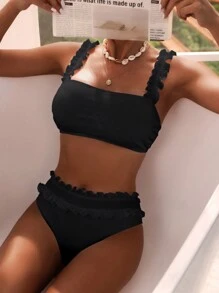 SHEIN Swim Ladies Solid Color Ruffle Trim Fashion Bra Top And Printed Swimwear Bikini Bottom Set, Summer Beach - Black - View 5