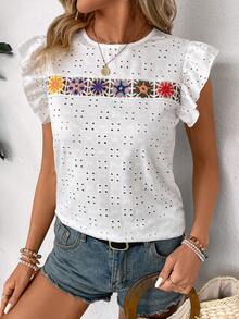 SHEIN LUNE Mùa hè giản dị Hollow-out Thêu Móc sự thêu Hoa Hem Áo thun - trắng - Xem 5