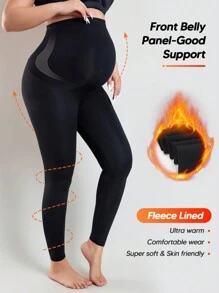 Leggings longas de malha de suporte para maternidade, cor sólida, cintura elástica, casual, forradas com lã, calças pretas com barriga expansível, para o inverno - Preto - Ver 1