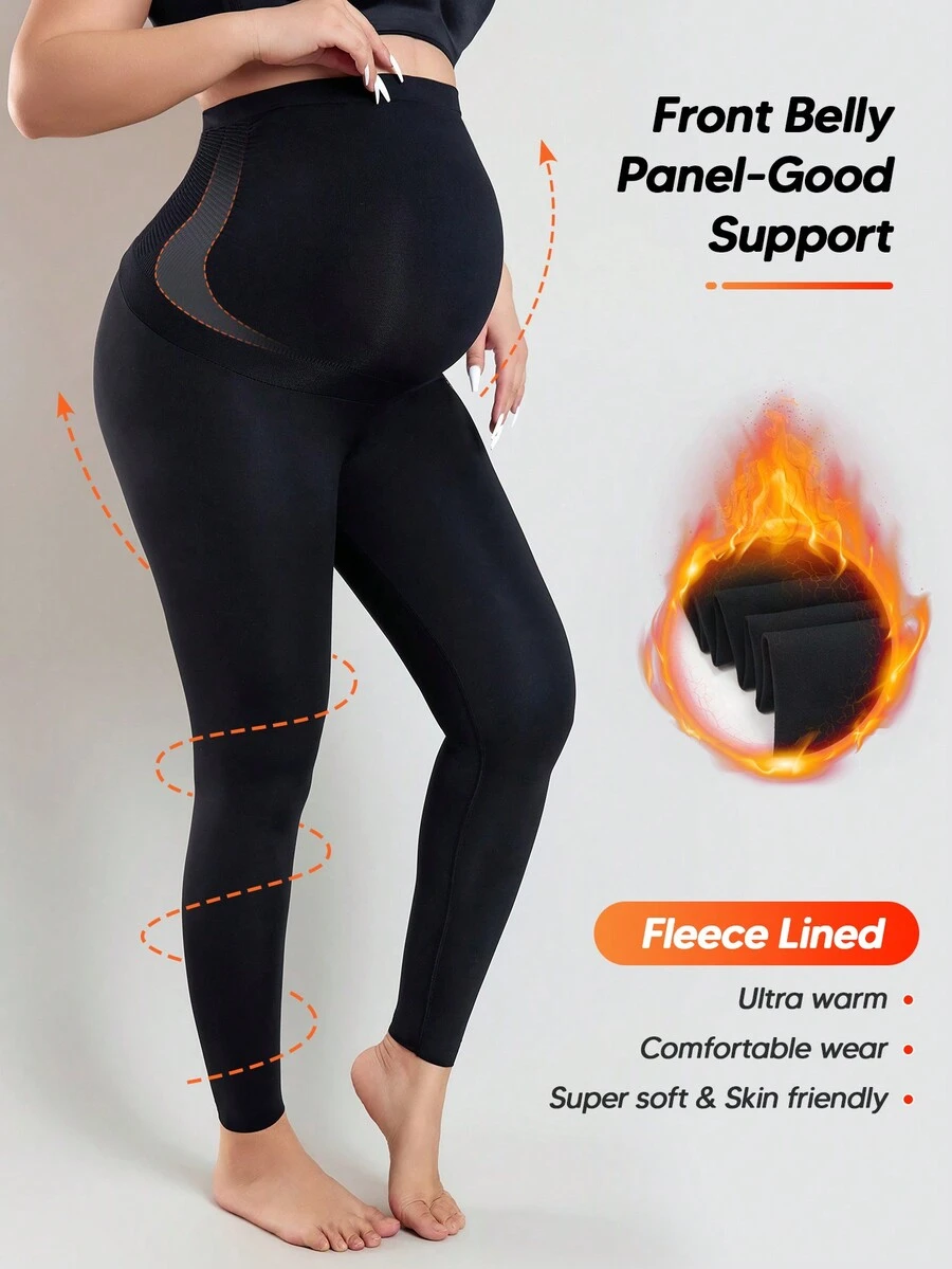 Leggings longas de malha de suporte para maternidade, cor sólida, cintura elástica, casual, forradas com lã, calças pretas com barriga expansível, para o inverno - Preto - Ver 1
