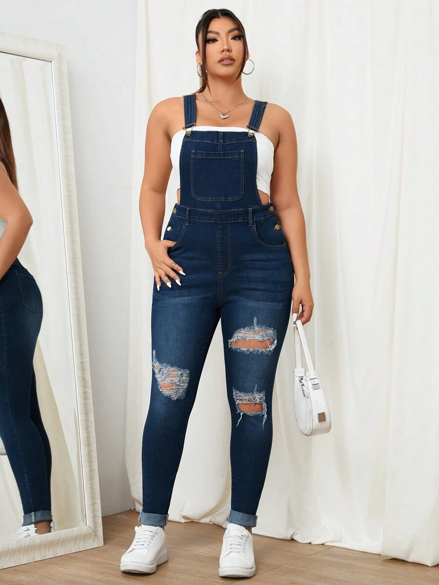 SHEIN CURVE+ Bộ áo liền quần yếm dáng ôm rách phong cách thường ngày dành cho nữ cỡ lớn - Màu xanh lam - Xem 1