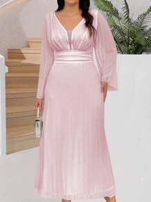 SHEIN Belle Plus Size Solid Color Ruffle Bell Sleeve Pleated Dress - Pink - View 4