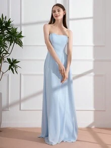 Light Blue Romantic French Style Backless Tie Up Maxi Bridesmaid Dress Elegant Dress