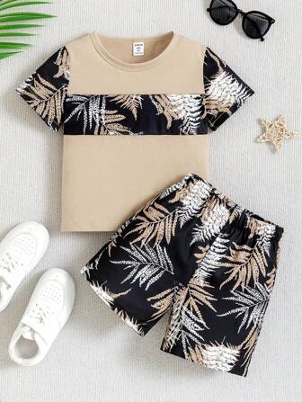 Young Boy 2pcs/Set Casual Holiday Palm Leaves Print Round Neck Short Sleeve T-Shirt And Shorts Summer Outfits