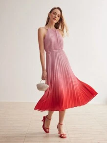MOTF PREMIUM VESTIDO DE CUELLO HALTER PLEGADO CON ESTAMPADO DE DEGRADADO - Rosa - Ver 6