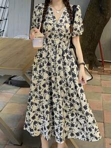 Women's Ditsy Floral Mid-Length Short Sleeve Dress, Girly Style