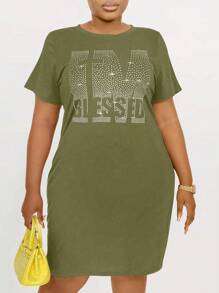 Maweii 大尺碼女士字母印花t恤連衣裙 - 軍綠色 - 查看 3