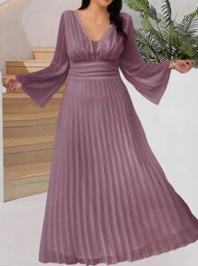 SHEIN Belle Plus Size Women's Bell Sleeve Pleated Dress, Wedding Guest Dress - Mauve Purple - View 4