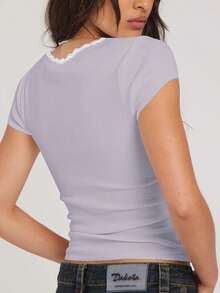 Y2K春夏短袖肋織短款T卹，蕾絲邊，小眾上衣T卹 - 淡紫色 - 查看 2