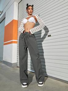 Solid Slant Pocket Drawstring Waist Wide Leg Cargo Trousers - Dark Grey - View 3