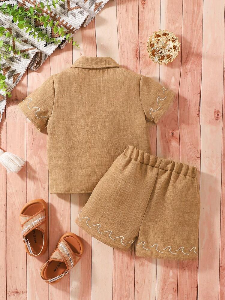 Summer Newborn Baby Boys" Casual And Simple Windproof Suit With Front Open Collar, Embroidered Short-Sleeved Shirt And Shorts Set