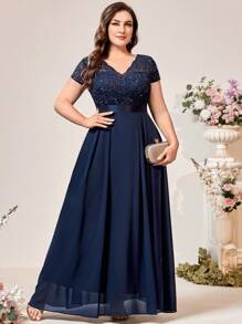 Vestido de noche de gasa con escote en V, corpiño de encaje con lentejuelas y volantes, elegante vestido de gala formal, adecuado para ceremonia de graduación, cena de gala, baile de bienvenida y otras ocasiones de fiesta y boda de primavera - Azul Marino - Ver 5
