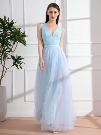 Lace Deep V Elegant Bridesmaid Dress Tulle Long Dress