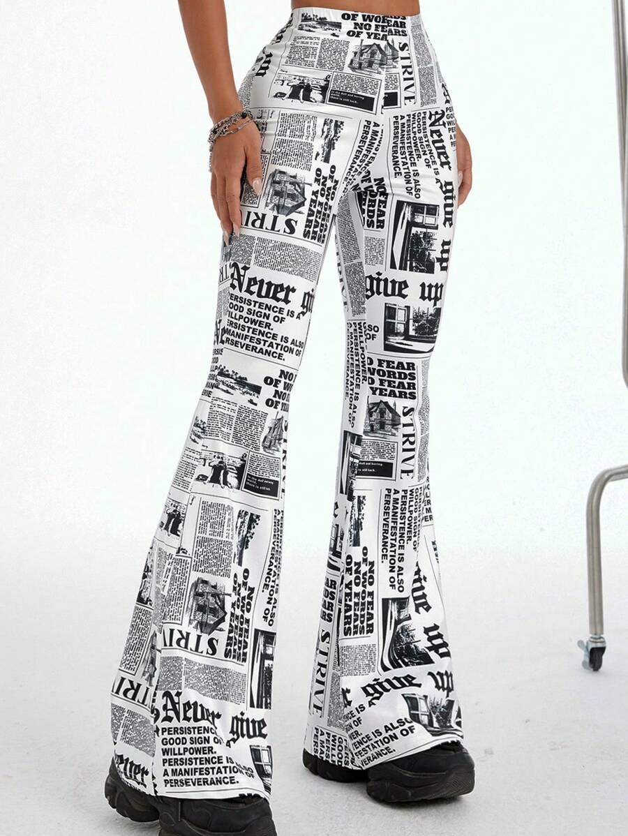 Coolane Fashionable Newspaper Print Fitted Flare Leg Pants - Black and White - View 1
