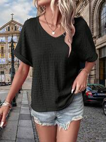 Chiquease NỮ Màu thuần Textured tay cánh Áo thun , Mùa hè - màu đen - Xem 4