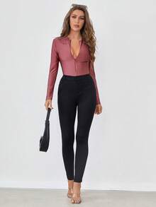 Women Solid Color Long Sleeve Zipper Bodysuit - Burgundy - View 7