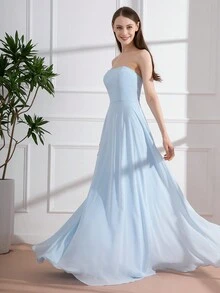 Light Blue Romantic French Style Backless Tie Up Maxi Bridesmaid Dress Elegant Dress