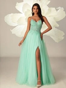 VIPGIRL Spaghetti Strap Mesh Elegant Ladies Thigh High Slit Evening Gown Dress - Green - View 1