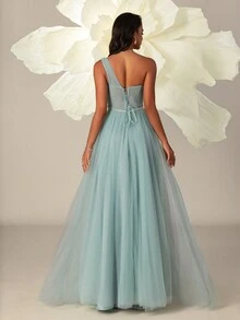 VIPGIRL 网眼不对称肩部亮片优雅高腰女士晚会礼服长礼服舞会婚礼宾客礼服，适合毕业典礼、晚宴 - 藍色 - 查看 2