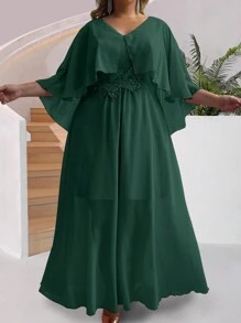 SHEIN Unity Plus Size Casual Loose Fit Spliced Water Soluble Lace Dress For Spring And Summer - Dark Green - View 3