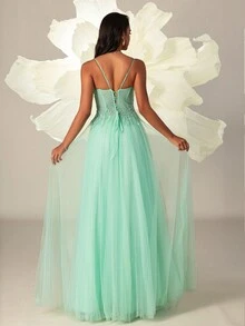 VIPGIRL Spaghetti Strap Mesh Elegant Ladies Thigh High Slit Evening Gown Dress - Green - View 2