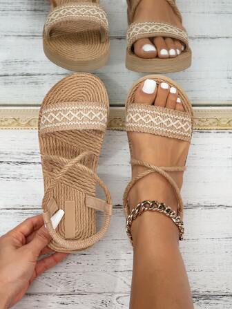 女鞋，時尚平底米色夏季鞋，編織草莓紋理，休閒女拖鞋，女式平底拖鞋，帶稻草底的沙灘鞋