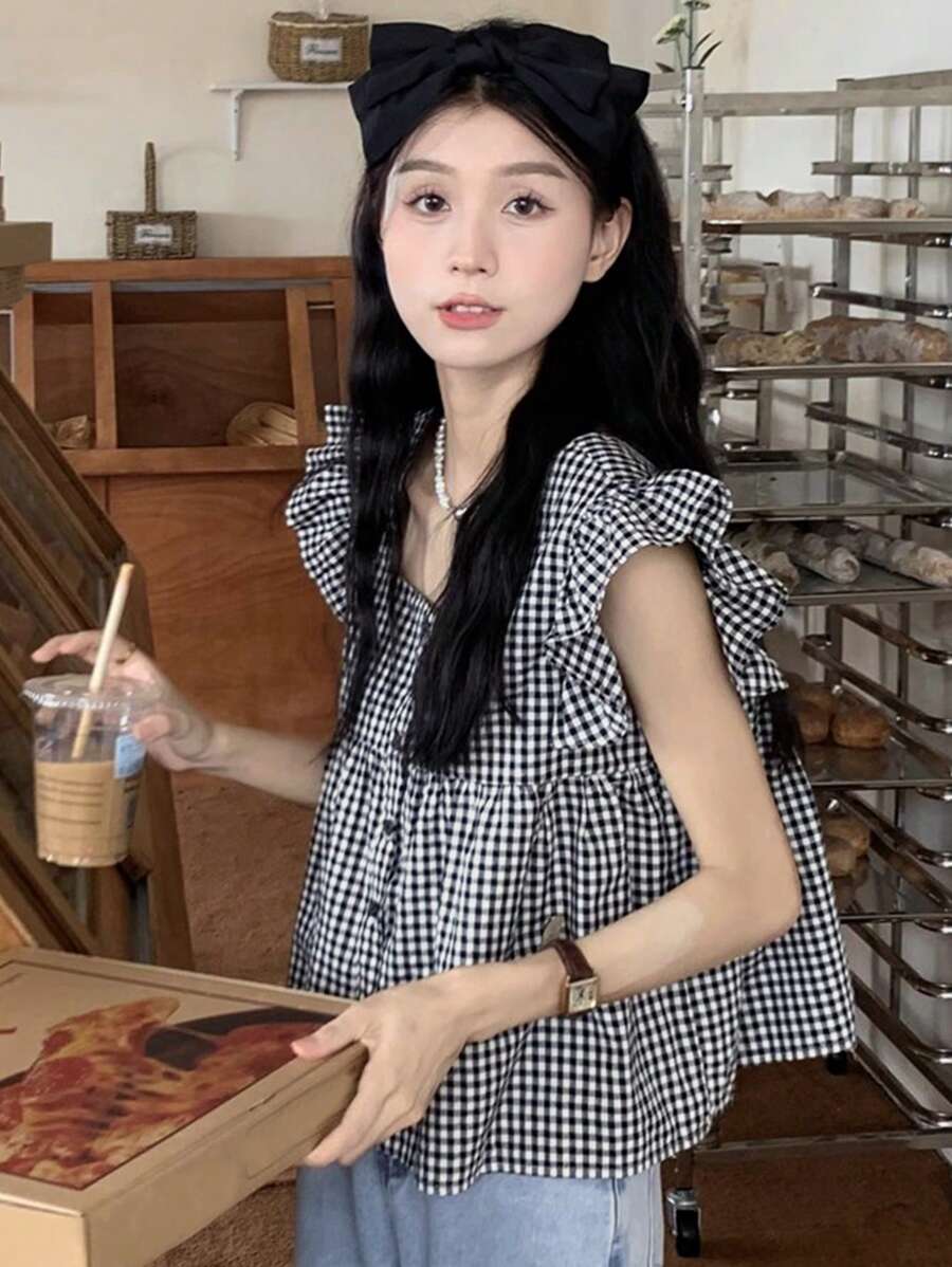 女士夏季格子方领荷叶袖衬衫