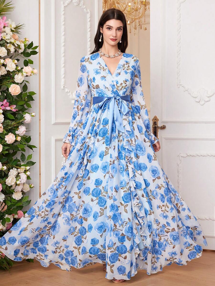 Women's Arab Style Long Floral Print Overlapping V-Neck Bell Sleeve Dress, Spring/Summer - Blue - View 1