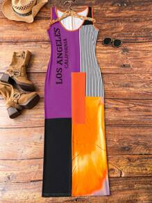 Maweii 大尺碼女士夏季無袖坦克裙，帶字母條紋印花和V領 - 紫色 - 查看 1