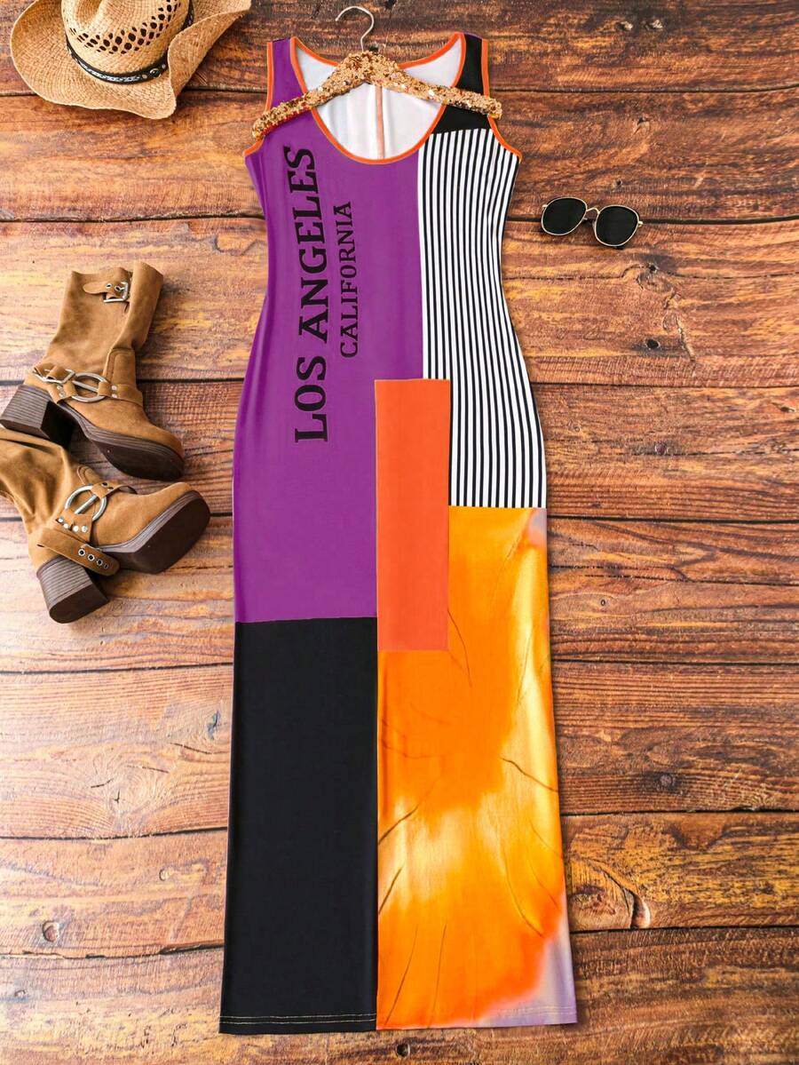 Maweii 大尺碼女士夏季無袖坦克裙，帶字母條紋印花和V領 - 紫色 - 查看 1