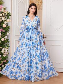 Women's Arab Style Long Floral Print Overlapping V-Neck Bell Sleeve Dress, Spring/Summer - Blue - View 5