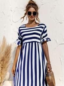 Women Summer Loose Fit Casual Dress With Colorblock Stripes, Elegant Modest Graphic Tees