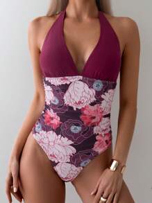 SHEIN Swim 夏季女式花卉印花露背连体泳衣，带拼布细节 - 彩色 - 查看 3