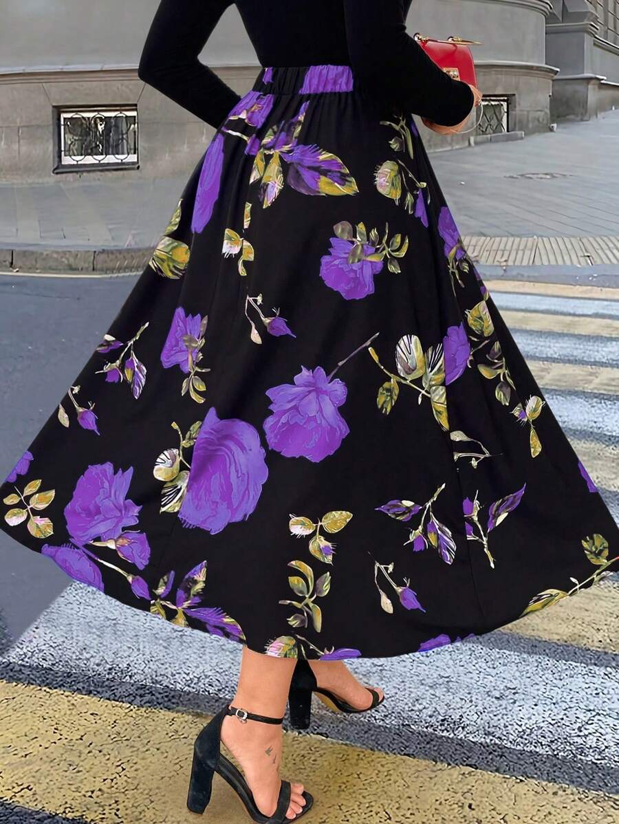 Celure 大尺碼女大花朵印花大擺裙 - 紫色 - 查看 1