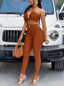 BamGleam Top de blusa con hebilla de metal, traje halter - Óxido marrón - Ver 5