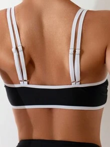 Swim Basics 女士夏季海灘對比色飾邊綁帶細節比基尼套裝，適用於度假 - 黑與白 - 查看 6