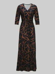 Women's V-Neck Cinched Waist Dress, Short Sleeve, Spring/Summer 2026 Elegant - Coffee Brown - View 5