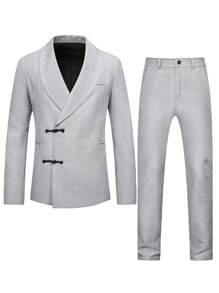 Calvornis Men's Double-Breasted Long Sleeve Suit Jacket And Pants Set - Light Grey - View 3