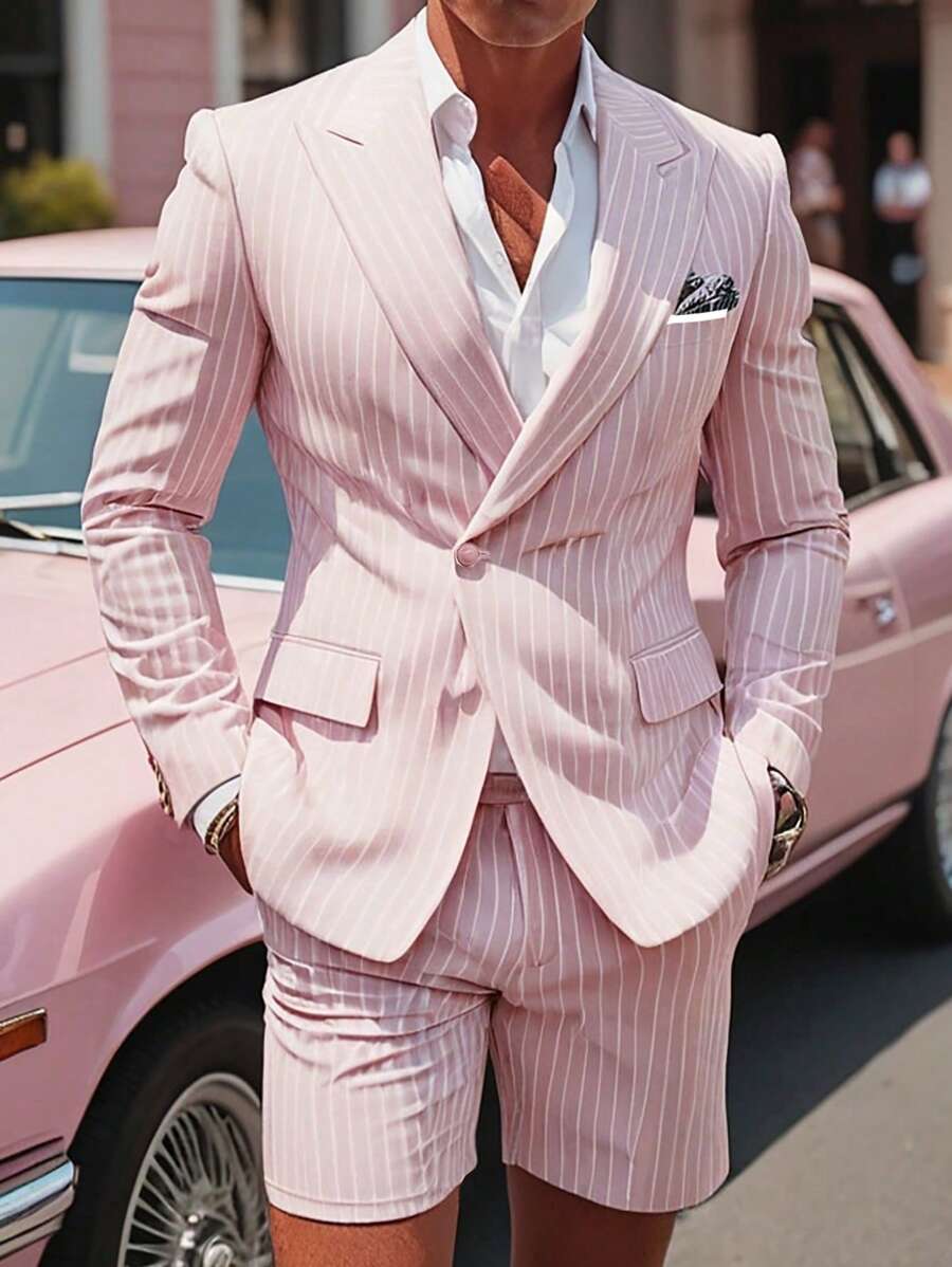 Men's Pinstripe Double Breasted Suit Set - Peak Lapel Tuxedo Blazer & Pants For Weddings, Business, Formal Events