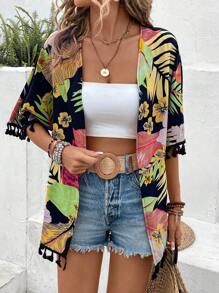 Swim Lushoire Tropical Print Tassel Trim Open Front Kimono Summer - Black - View 5