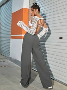 Solid Slant Pocket Drawstring Waist Wide Leg Cargo Trousers - Dark Grey - View 2