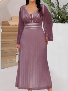 SHEIN Belle Plus Size Women's Bell Sleeve Pleated Dress, Wedding Guest Dress - Mauve Purple - View 1