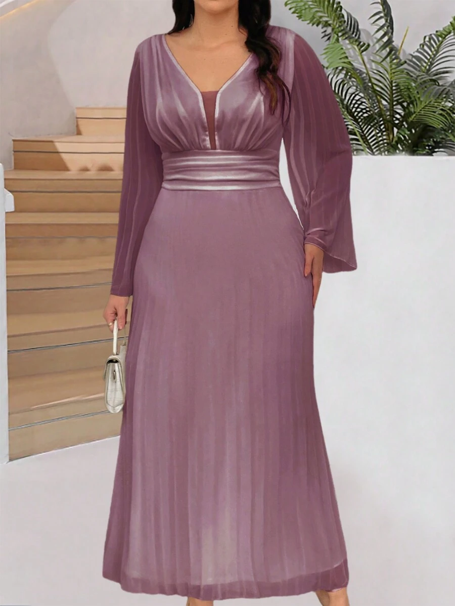 SHEIN Belle Plus Size Women's Bell Sleeve Pleated Dress, Wedding Guest Dress - Mauve Purple - View 1