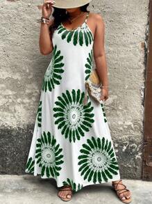 SHEIN Holidaya 大碼印花休閒度假風格背心連身裙 - 綠色 - 查看 6