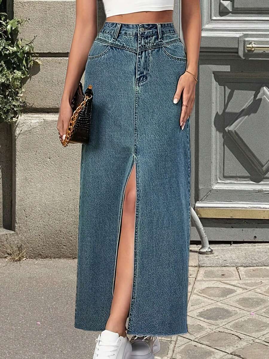 2024年春夏新款時尚休閒假日全配高腰修身藍色牛仔裙，帶有裂縫和控制腹部效果 - 藍色 - 查看 1