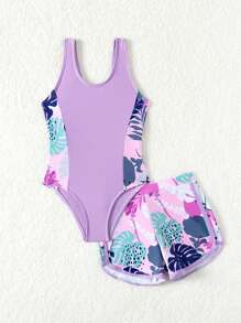 Baby Girl Contrast Tropical Leaf Print One-Piece Swimsuit & Shorts Swimwear Bathing Suit Summer  Getaway,Holiday,Travel,Relax,Summer,Holiday - Multicolor - View 5