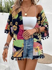 Swim Lushoire Tropical Print Tassel Trim Open Front Kimono Summer - Black - View 4
