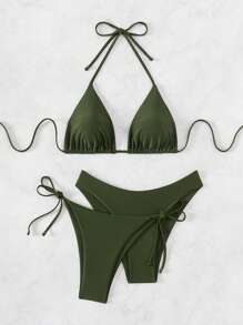 SHEIN Swim Basics V-Neck Halter Tie Bikini Set, String Beach Outfit Bathing Suit Summer,Summer Beach - Army Green - View 1