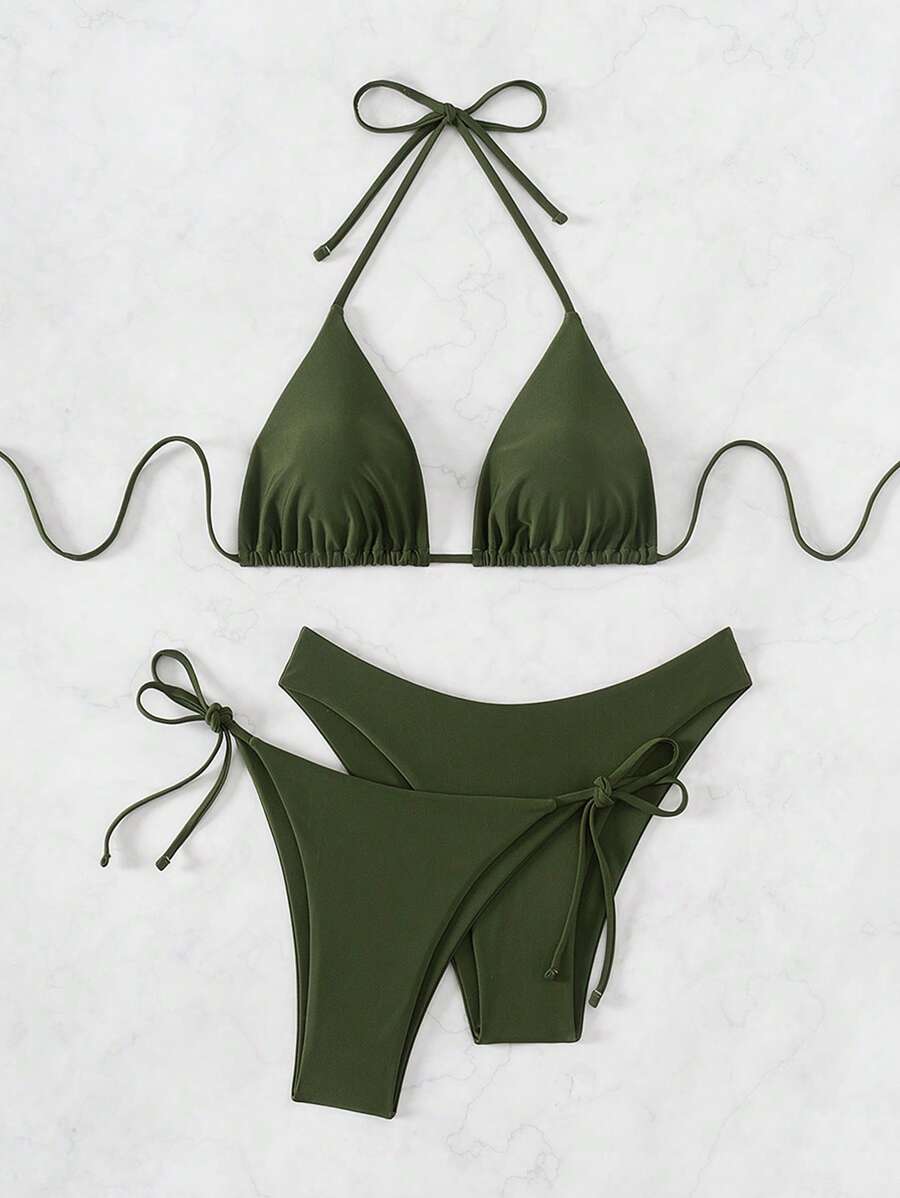 SHEIN Swim Basics V-Neck Halter Tie Bikini Set, String Beach Outfit Bathing Suit Summer,Summer Beach - Army Green - View 1