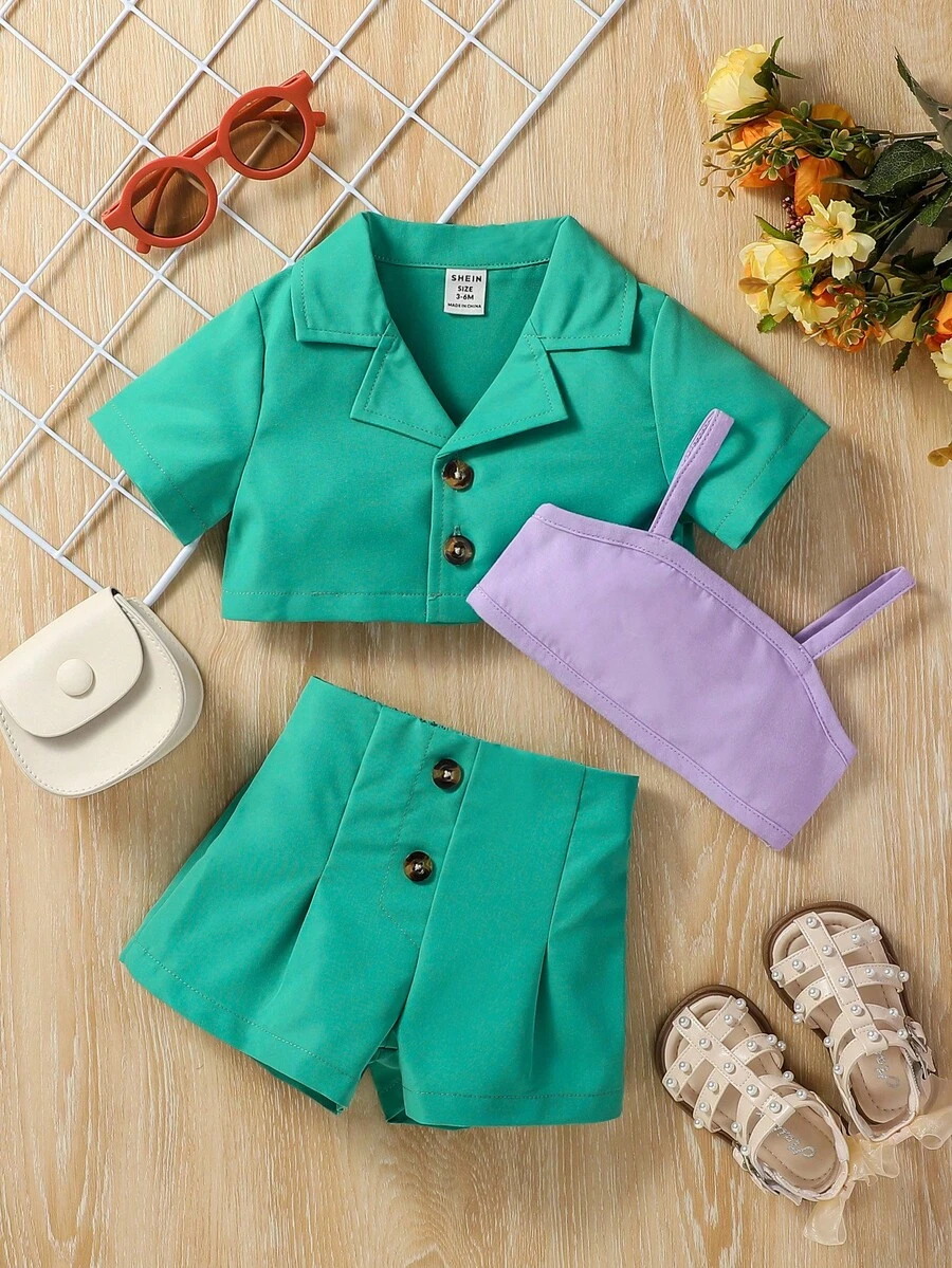 Đứa bé gái Mùa hè Khối màu , Quần skinny Hai Dây Áo vest , Áo khoác Và Bộ quần short - Màu xanh lá cây đậm - Xem 1